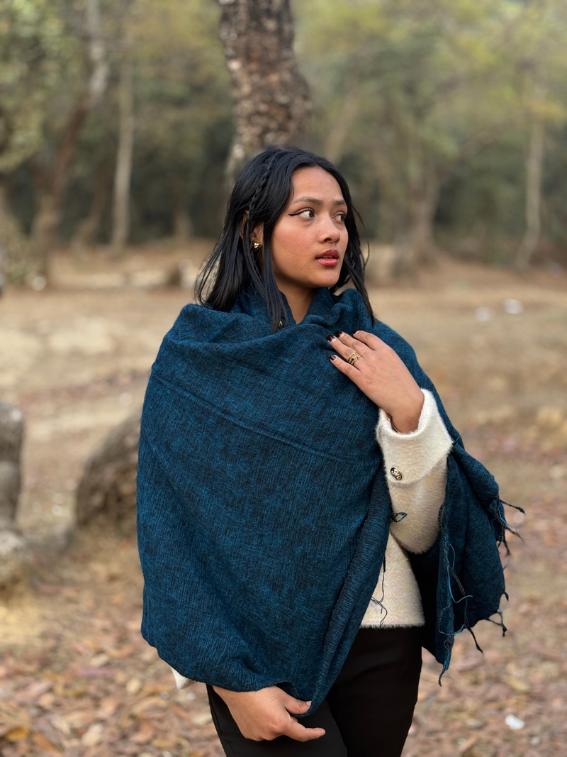 Handwoven Nepal Wool Scarf - Blue Yak Wool Blend Shawl