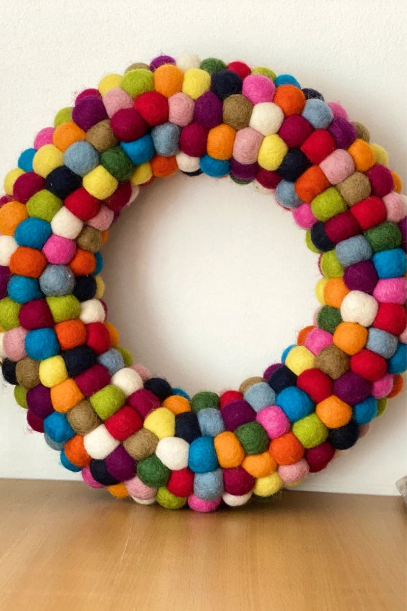 Handmade Wool Felt Ball Christmas Wreath – Multicolor Pom Pom Door Decoration